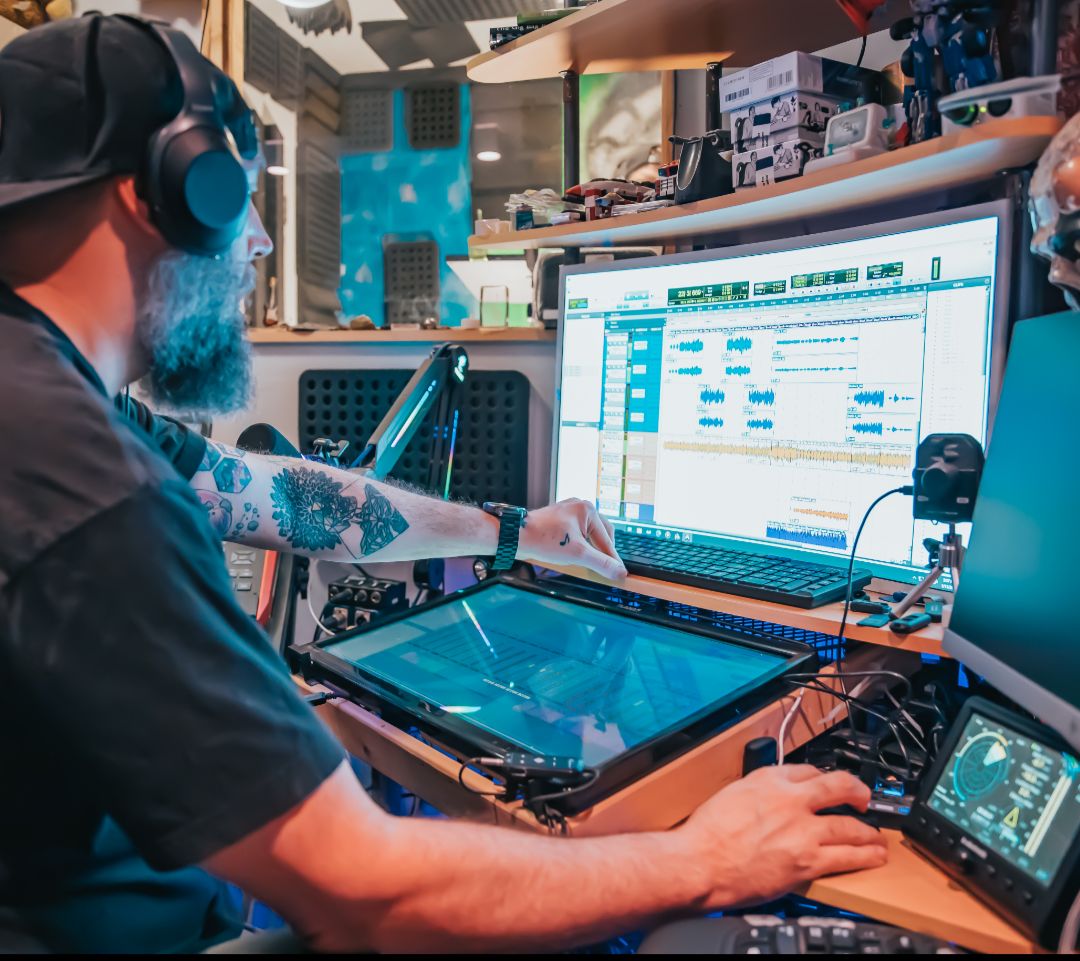 Lit-up DJ mixer with colorful studio lights